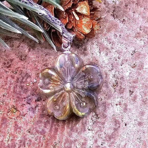 Nature Labradorite Carved Flashy Cherry Blossom Pendant Necklace - Picture 1 of 10